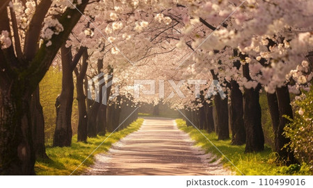 A breathtaking shot capturing a tree-lined pathway adorned with delicate cherry blossoms in full bloom A breathtaking shot capturing a tree-lined pathway adorned with delicate cherry blossoms in full bloom 110499016