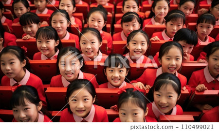 children's Chinese faces, brightly colored uniforms, and engaged expressions showcase the joy of learning 110499021