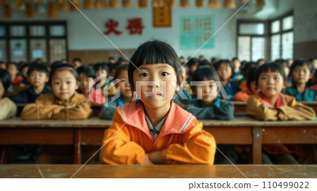 children's Chinese faces, brightly colored uniforms, and engaged expressions showcase the joy of learning 110499022