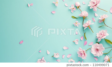 summer holiday background. minimalist pastel background with flowers and copy space for text 110499071
