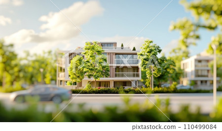 contemporary apartment block with trees on street contemporary apartment block with trees on street 110499084