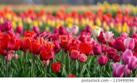 A vibrant display of tulip fields in red A vibrant display of tulip fields in red 110499094