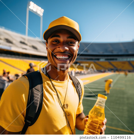 smiling man in a yellow baseball cap drinks water from a bottle in front of a football stadium 110499116