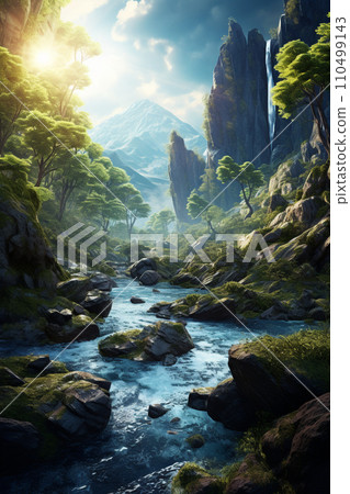 Summer forest Fantastic forest and river landscape illustration AI image 110499143