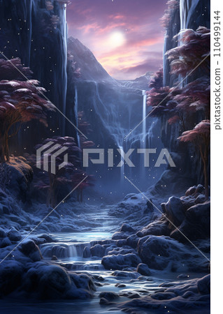 Winter forest Fantastic forest and river landscape illustration AI image 110499144