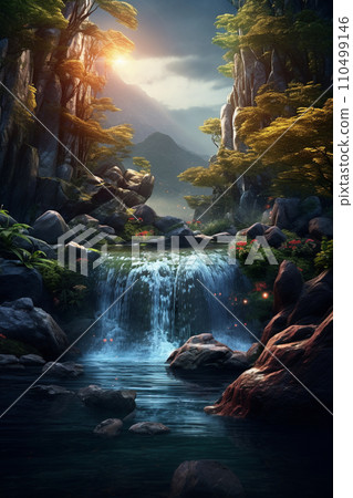 春天森林夢幻般的森林與河流景觀插畫AI影像 110499146