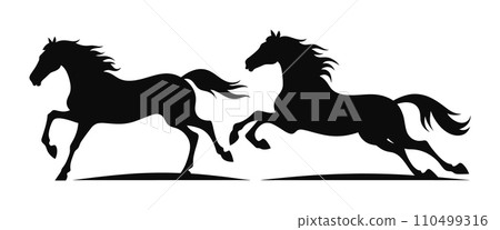 Two black silhouette horses running side by side. Galloping wild horses, free and powerful motion. Equestrian sport, horse racing vector illustration. 110499316