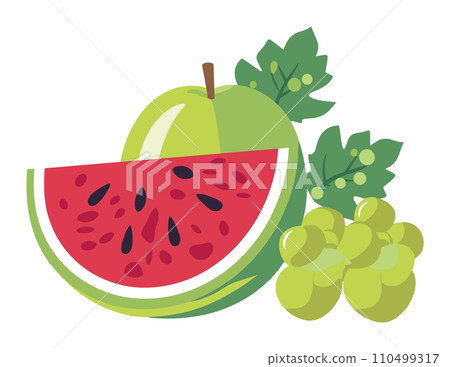Green apple, sliced watermelon, and bunch of grapes with leaves. Fresh summer fruits vector illustration. Green apple, sliced watermelon, and bunch of grapes with leaves. Fresh summer fruits vector illustration. 110499317