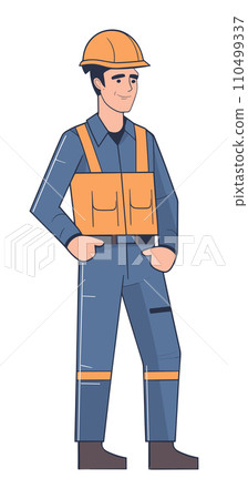 Construction worker in uniform smiling, standing confidently. Professional male builder wearing safety helmet. Worker safety and construction theme vector illustration. Construction worker in uniform smiling, standing confidently. Professional male builder wearing safety helmet. Worker safety and construction theme vector illustration. 110499337