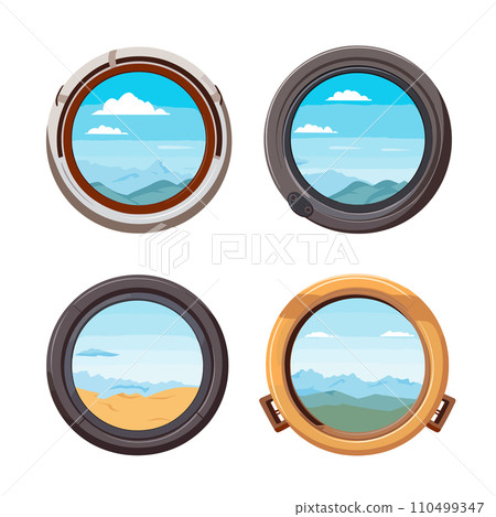 Four porthole views showing different landscapes with mountains and clouds. Travel and exploration concept vector illustration. 110499347