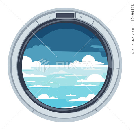 Airplane window view showing clouds and blue sky. Cartoon style porthole with serene sky scene. Travel and aviation concept vector illustration. 110499348