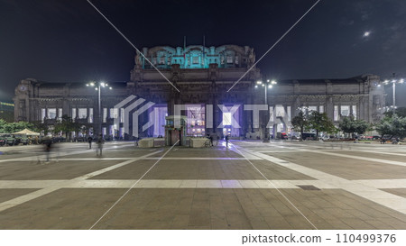 Panorama showing Milano Centrale night timelapse - the main central railway station of the city of Milan in Italy. 110499376