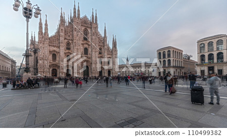 Panorama showing Milan Cathedral and Vittorio Emanuele gallery timelapse. Panorama showing Milan Cathedral and Vittorio Emanuele gallery timelapse. 110499382