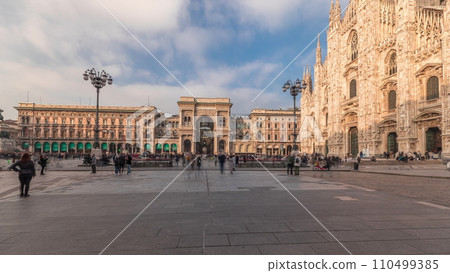 Panorama showing Milan Cathedral and Vittorio Emanuele gallery timelapse. 110499385