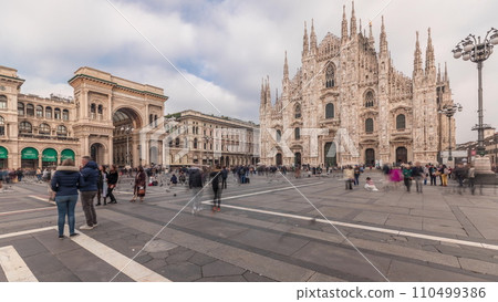 Panorama showing Milan Cathedral and Vittorio Emanuele gallery timelapse. 110499386