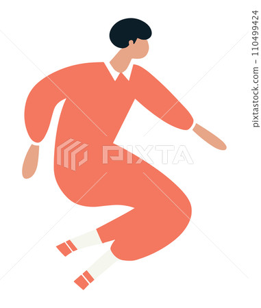 Young man in orange jumpsuit dancing or moving dynamically. Male character in stylish outfit with a modern, active pose. Energetic dance moves vector illustration. Young man in orange jumpsuit dancing or moving dynamically. Male character in stylish outfit with a modern, active pose. Energetic dance moves vector illustration. 110499424