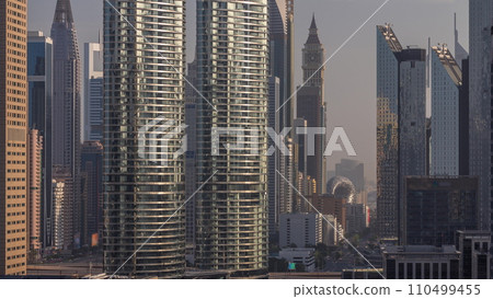 Dubai International Financial district aerial timelapse during sunrise Dubai International Financial district aerial timelapse during sunrise 110499455