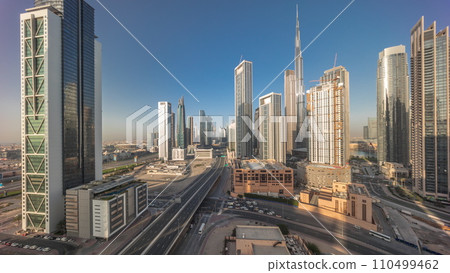 Aerial panoramic view of Dubai Downtown skyline with many towers timelapse. Aerial panoramic view of Dubai Downtown skyline with many towers timelapse. 110499462