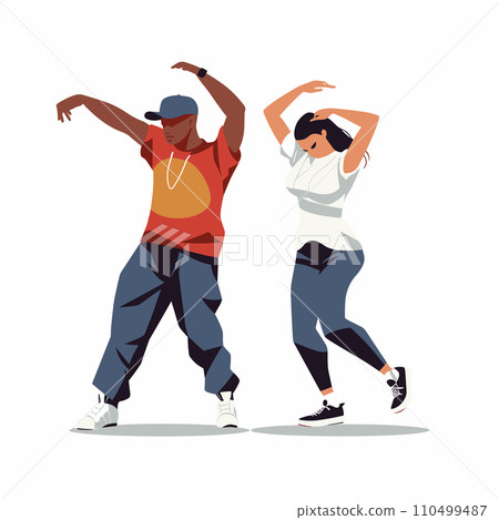 African American man and Caucasian woman dancing hip hop. Street dancers performing urban dance moves. Urban dance culture and hip hop lifestyle vector illustration. African American man and Caucasian woman dancing hip hop. Street dancers performing urban dance moves. Urban dance culture and hip hop lifestyle vector illustration. 110499487