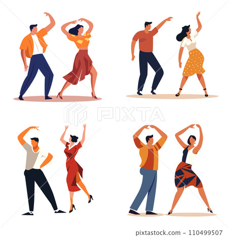 Couples doing salsa, two pairs dancing Latin dance. Flamboyant dresses, energetic moves. Salsa dance night vector illustration. 110499507