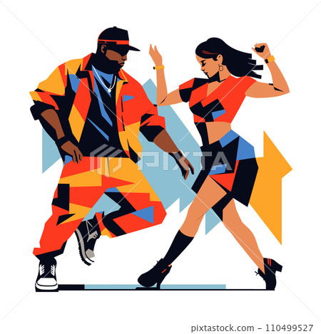 Stylish African-American man and woman dancing hip-hop. Urban street dancers with colorful outfits. Dynamic dance move, performance vector illustration. Stylish African-American man and woman dancing hip-hop. Urban street dancers with colorful outfits. Dynamic dance move, performance vector illustration. 110499527