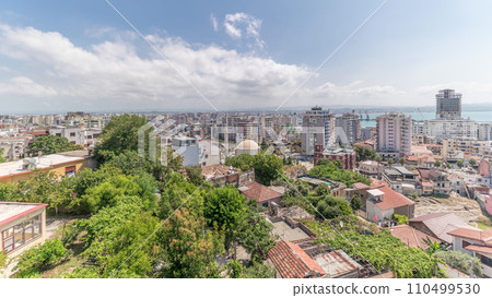 Panorama showing aerial view of city centre and the harbour of Durres timelapse from viewpoint, Albania. 110499530