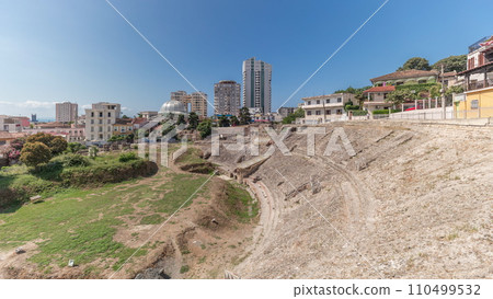Panorama showing the Amphitheatre of Durres timelapse. Panorama showing the Amphitheatre of Durres timelapse. 110499532