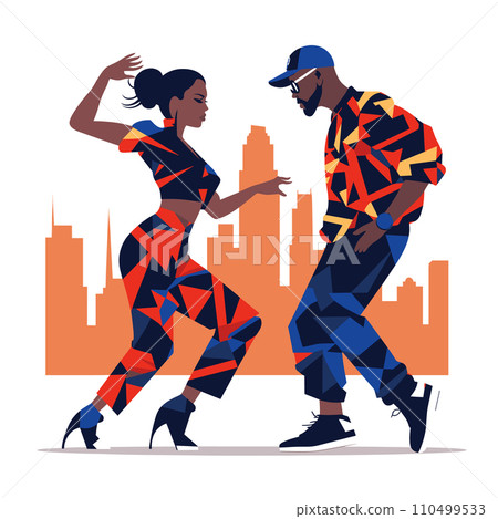African American couple dancing hip hop style. Urban dancers perform in cityscape. Dynamic dance movements, modern outfit vector illustration. African American couple dancing hip hop style. Urban dancers perform in cityscape. Dynamic dance movements, modern outfit vector illustration. 110499533