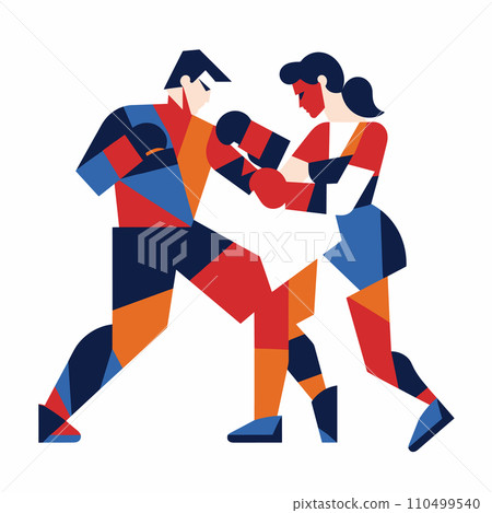 Two athletes sparring in a boxing match, stylized male and female boxers training. Competitive sport and gender equality concept vector illustration. 110499540