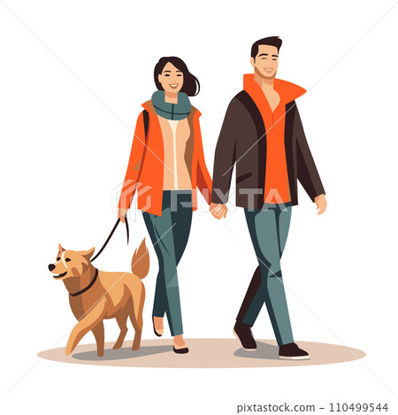 Couple walking dog, young man and woman holding hands with happy expressions. Casual outdoor stroll with pet vector illustration. 110499544