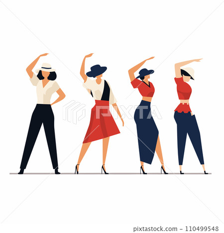 Four stylish women posing with confidence, wearing elegant vintage fashion with hats. Retro chic ladies showcasing different trendy outfits and poses. Fashion models, timeless elegance vector 110499548