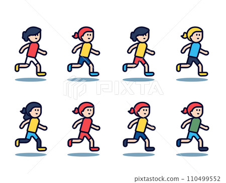 Eight cartoon children running, boys and girls in colorful sportswear. Children engage in physical activity, fun run concept. Kids outdoors exercise vector illustration. 110499552