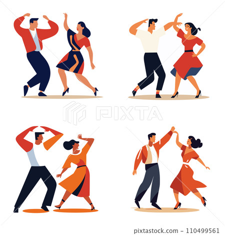 Couples dancing salsa in vibrant attire. Energetic Latin American dance moves and poses. Retro style dancers illustration. Couples dancing salsa in vibrant attire. Energetic Latin American dance moves and poses. Retro style dancers illustration. 110499561