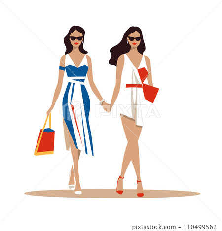 Two stylish women holding hands, walking, fashion dresses, sunglasses, shopping bags. Modern female friends, fashionistas, summer styles, leisure. Vector illustration. Two stylish women holding hands, walking, fashion dresses, sunglasses, shopping bags. Modern female friends, fashionistas, summer styles, leisure. Vector illustration. 110499562
