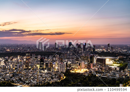 [Tokyo] Cityscape of a metropolis illuminated by the setting sun 110499594