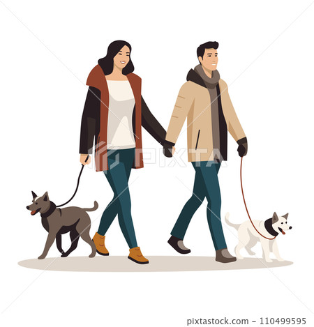 Couple walking with dogs on leashes, happy man and woman in winter clothes. Pet owners with a Siberian Husky and a Terrier vector illustration. Couple walking with dogs on leashes, happy man and woman in winter clothes. Pet owners with a Siberian Husky and a Terrier vector illustration. 110499595