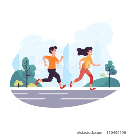 Male and female jogging in the city park, morning run, healthy lifestyle. Cartoon characters exercise outdoors, fitness activity vector illustration. Male and female jogging in the city park, morning run, healthy lifestyle. Cartoon characters exercise outdoors, fitness activity vector illustration. 110499596