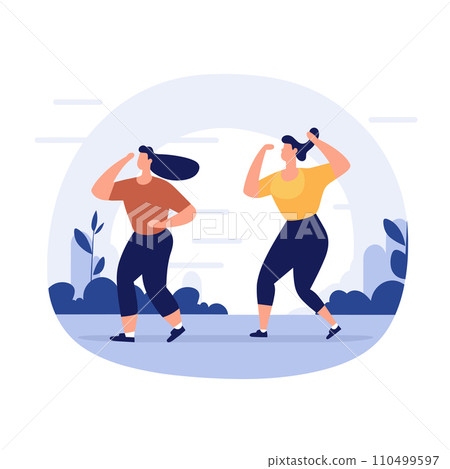 Two women exercising outdoors showing determination and strength. Female fitness workout, healthy lifestyle concept vector illustration. 110499597