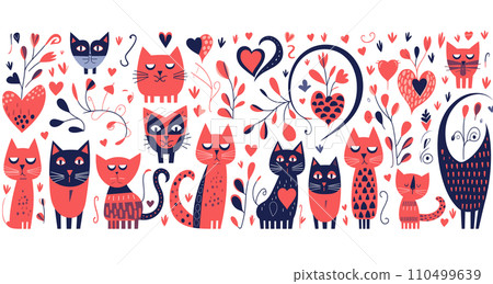 The image shows a row of colorful cartoon cats with decorative patterns vector illustration. 110499639