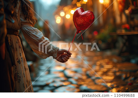 Floating on Love's Breeze, a Red Balloon Held Aloft, a Valentine's Day Sentiment in Hand 110499688