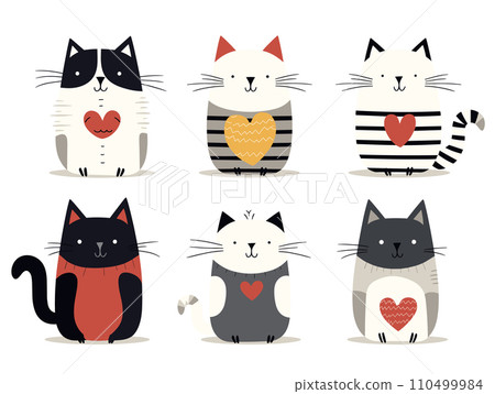A cute collection of six cats with various patterns, sitting and smiling in a vector illustration. 110499984