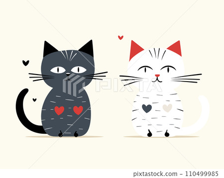 Two cute cats with hearts on them are facing each other in a vector illustration. Two cute cats with hearts on them are facing each other in a vector illustration. 110499985