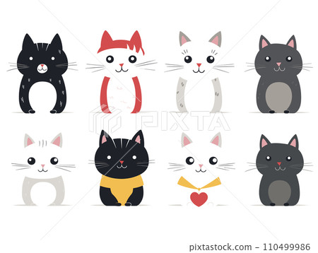 Eight cute stylized cats with various fur patterns and accessories are standing in the vector illustration. 110499986