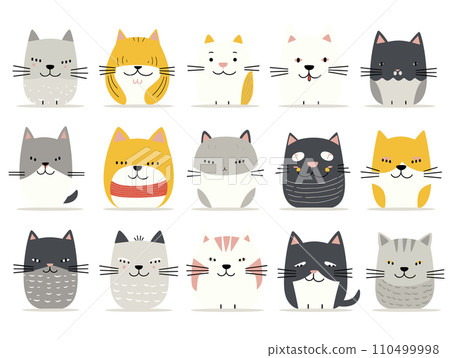 A collection of adorable cartoon cats with various expressions and colors is presented as a vector illustration. A collection of adorable cartoon cats with various expressions and colors is presented as a vector illustration. 110499998