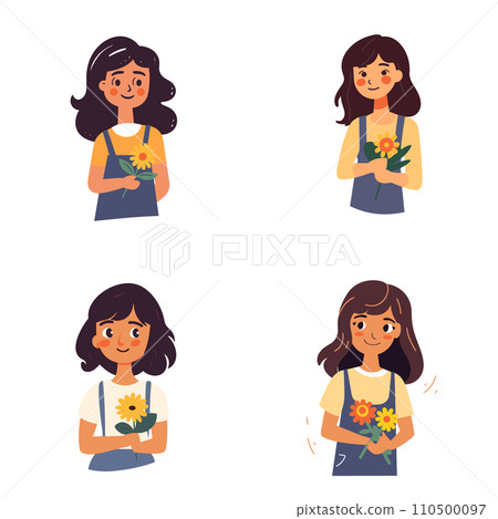 The image is a vector illustration showing four poses of a girl with a flower. 110500097