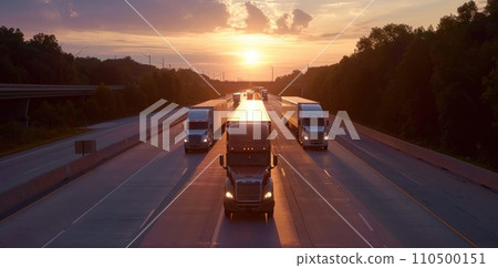 three semi trucks drive down the road during sunset 110500151