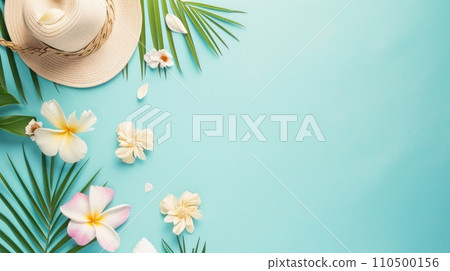 summer holiday background. minimalist pastel background with flowers and copy space for text summer holiday background. minimalist pastel background with flowers and copy space for text 110500156