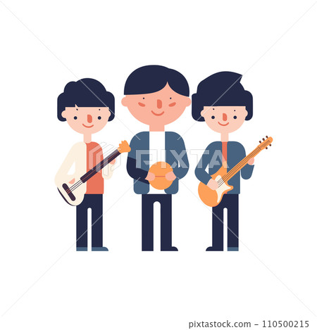 Three cartoon band members are holding musical instruments in this vector illustration. Three cartoon band members are holding musical instruments in this vector illustration. 110500215