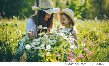a girl with her mother collects a bouquet of flowers in a spring meadow 110500228