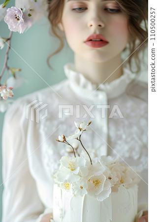 Woman presenting a cake adorned with spring flowers. Perfect for bakery and culinary presentations. AI Generated. 110500257